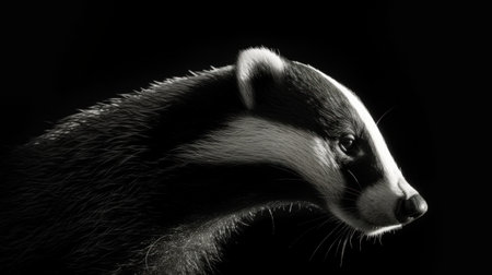 Portrait of a badger on a black background. Black and white.の素材