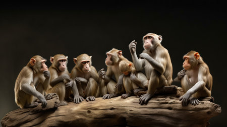 Group of monkeys sitting on a piece of wood. Studio shot.の素材