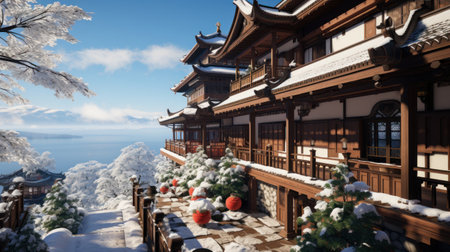 A mountain citys cape with rooftops covered in fresh.UHD wallpaperの素材