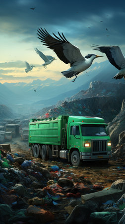 A landfill site with scavenging birds amidst heaps .UHD wallpaperの素材