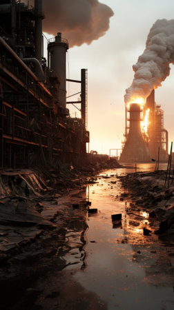 A polluted industrial harbor with oil slicks and debr.UHD wallpaperの素材