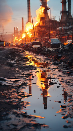 A polluted industrial harbor with oil slicks and debr.UHD wallpaperの素材