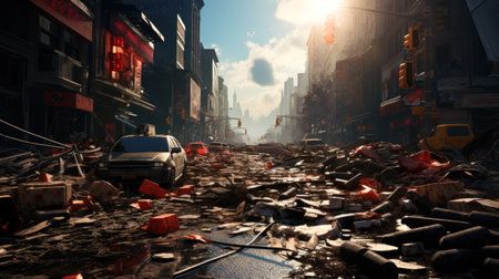 A shatte red city street with debris and damaged infra.UHD wallpaperの素材