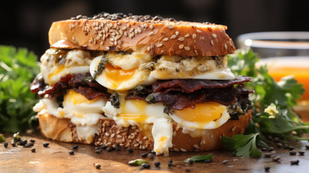 A bite of woth everything bagel sandwich with layers.UHD wallpaperの素材