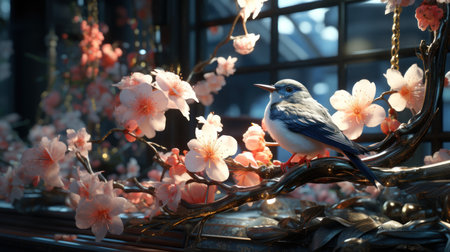 Chines paint of simple flowers and birds hanging.UHD wallpaperの素材