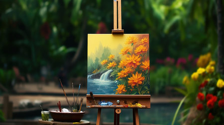 A wooden easel with vibrant yellow canva UHD wallpaperの素材