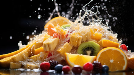 Fruit salad with splashes of water on a black background.の素材