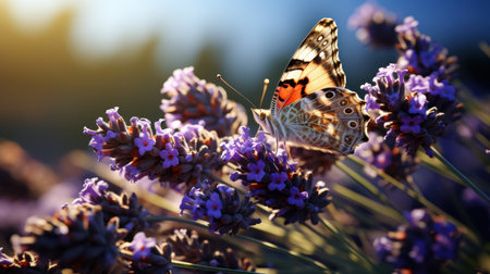 A butterfly files on the purple flower UHD wallpaperの素材
