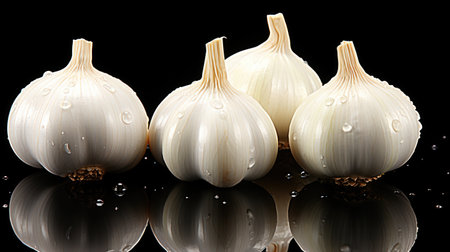 Garlic on a black background with water drops. Studio shot.の素材