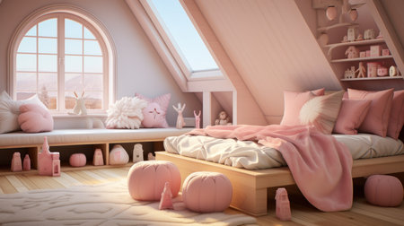 3d render of children's room with a wooden bed in the atticの素材