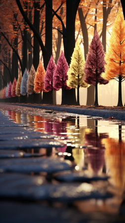 A row of autumn trees with colourful leaves.UHD wallpaperの素材