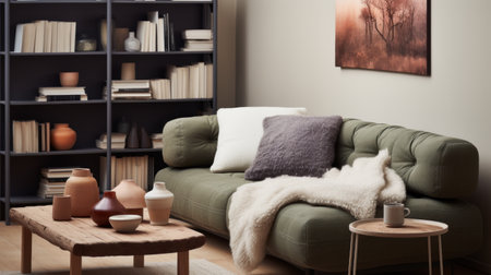 interior of modern living room with green sofa and bookshelf. 3d renderの素材