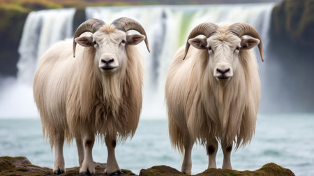 Icelandic sheep by the waterfall UHD WALLPAPERの素材
