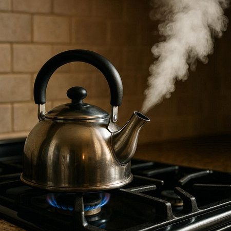 Kettle with steam on the gas stove. Selective focus.