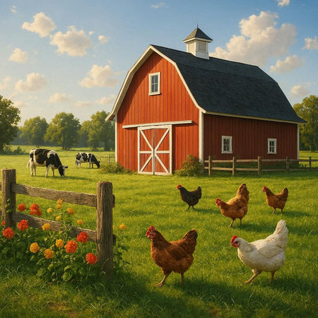 Red barn with chickens and roosters on a green meadow