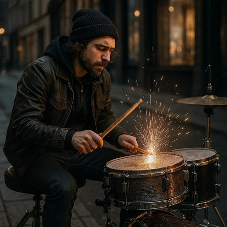 Drummer playing drums on the street in european city.