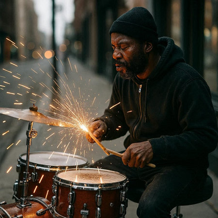 Street musician playing the drums on the street in New York City.