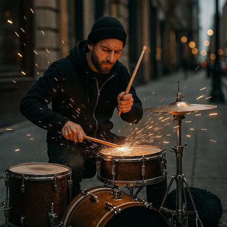 Drummer playing drums on the street. Man in a black jacket and hat.