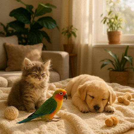 Cat and dog playing together with a parrot on the bed.