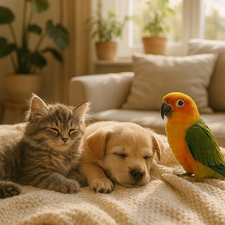Cat and dog lying on the bed with a pet parrot.
