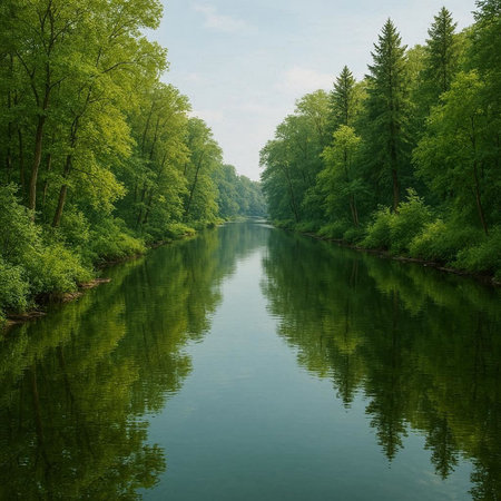 Beautiful view of the river through the forest. Spring landscape.