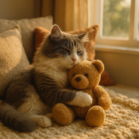 Cute tabby cat and teddy bear sitting on sofa at home