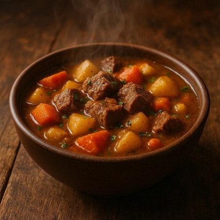 Beef stew with potatoes and carrots in a bowl on wooden background