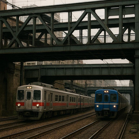 Train passing under the bridge in the city.