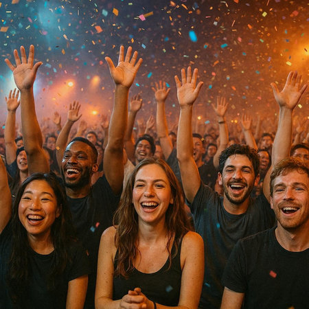 Cheerful people at a music festival with confetti in the air