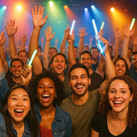 Cheerful friends dancing and having fun at a live music festival