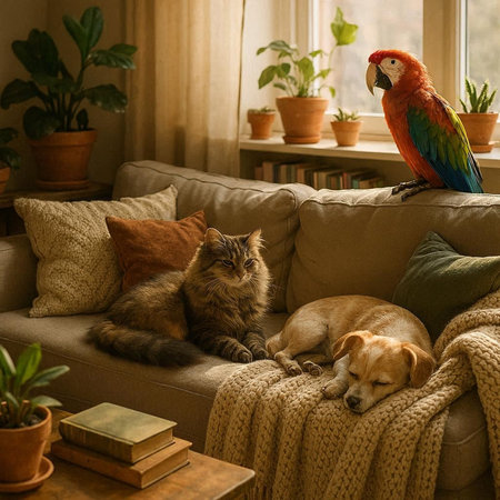 Cat, dog and a macaw sleeping on a sofa at home