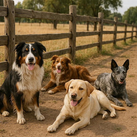 Group of dogs in a paddock with wooden fence in the background