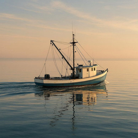 Fishing boat in the sea at sunset, Baltic sea, Poland