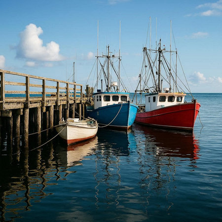 Fishing boats at the pier in a sunny day with blue sky