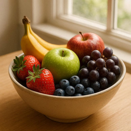 Bowl of fresh fruit on a wooden table by the window.