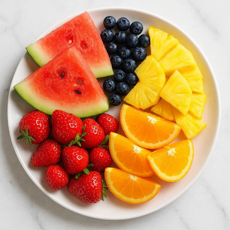 Slices of fresh fruits in a plate on a marble background