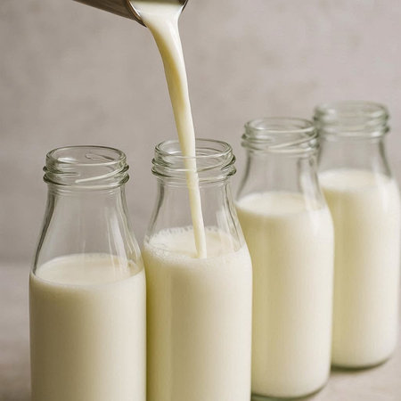 Milk in bottles on a light background. Selective focus.