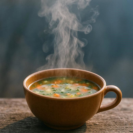 Cup of hot soup with steam on wooden table. Selective focus