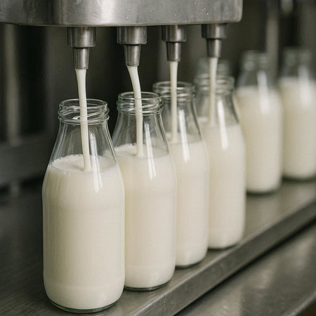 Milk bottles on conveyor belt in dairy factory, closeup