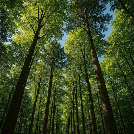 Trees in a green forest on a sunny day. Nature background