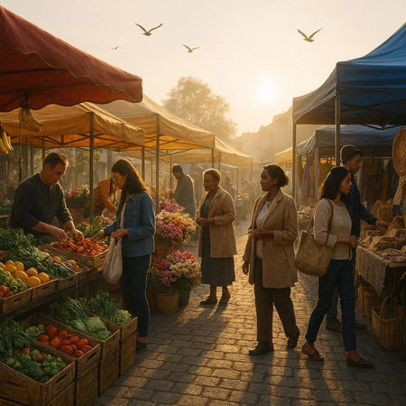 Group of people selling fruits and vegetables at the farmers market in the morning
