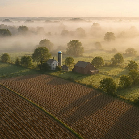 Aerial view of a farm in the morning mist. Rural landscape.