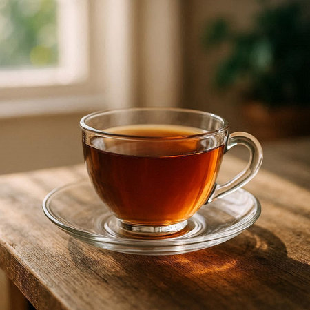 A cup of tea on a wooden table. Close-up.