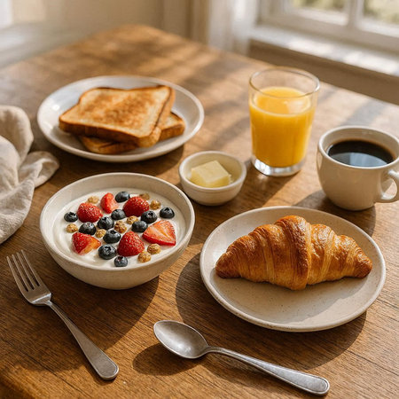 Breakfast with fresh croissants, berries, coffee and orange juice
