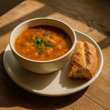 Bowl of red lentil soup with bread on wooden table.