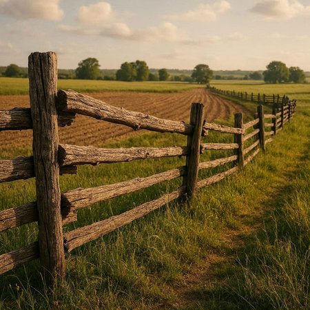 Wooden Fence in a Countryside Landscape in Summertime