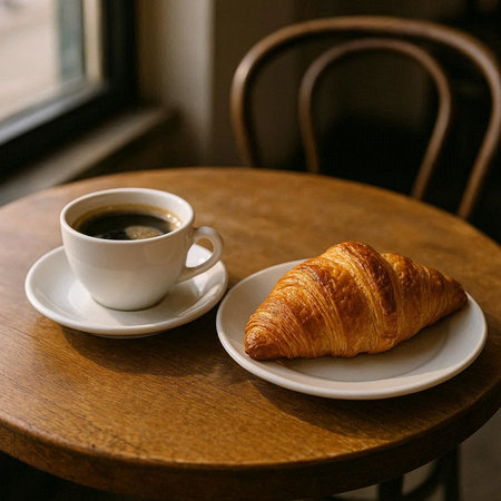 A cup of coffee and a croissant on a wooden table