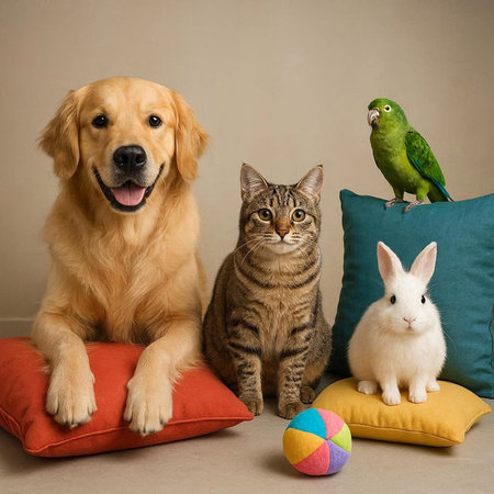 Cat, dog and green parrot sitting on pillows and looking at camera