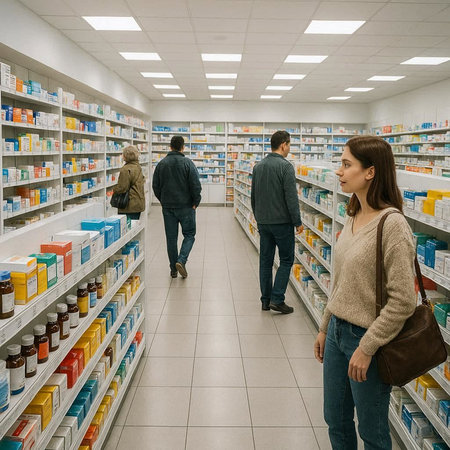 Couple shopping for medicine in drugstore. Man and woman choosing medicine in pharmacy.