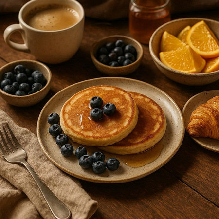 Coffee, croissants and pancakes with berries on wooden table